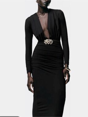Zara Black Long Sleeve Deep V Maxi Dress with Gold Buckle